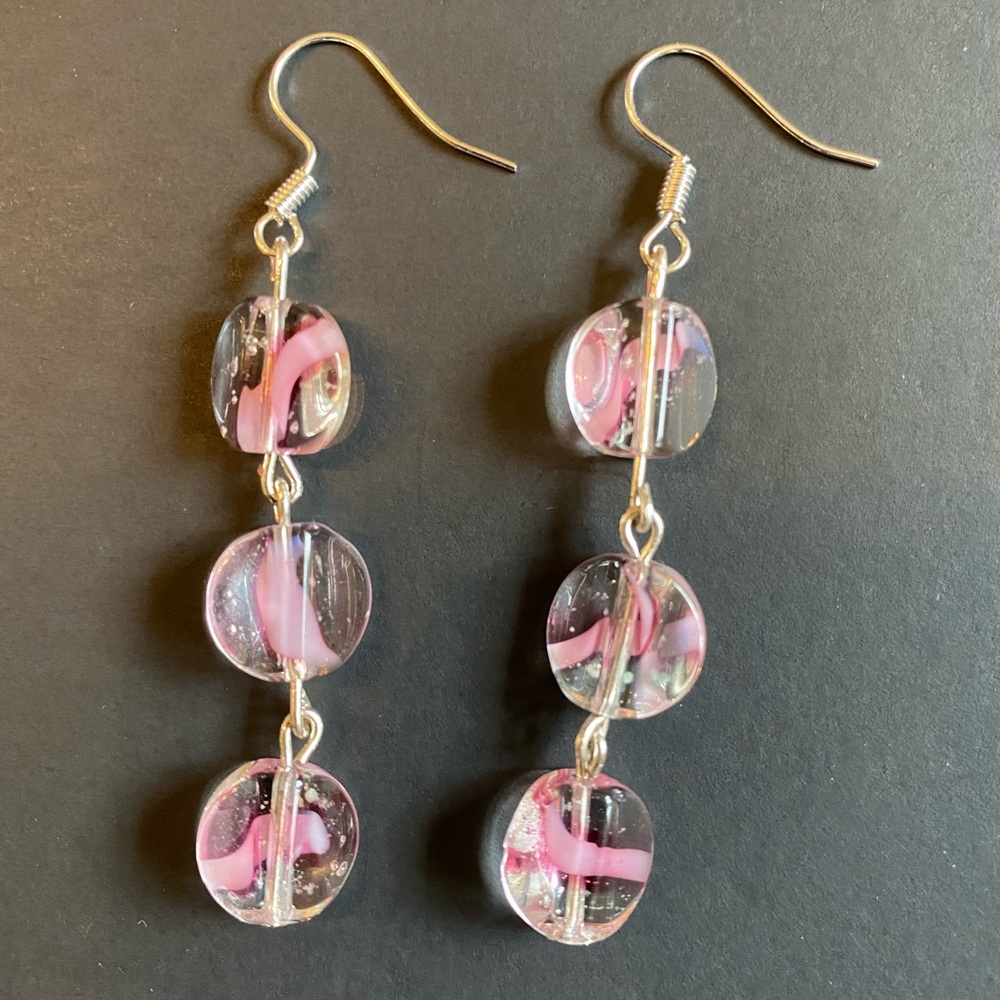 3 for 15. Handmade Clear and Pink Round Glass Dangle Earrings